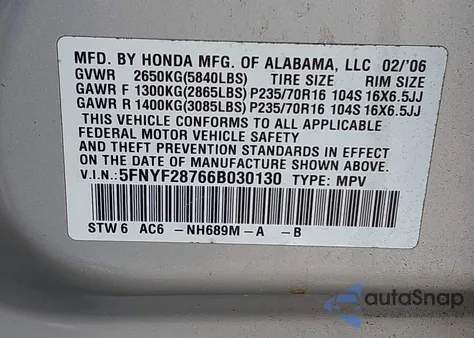 2006 Honda Pilot Ex-L из США, поврежденный, VIN 5FNYF28766B030130